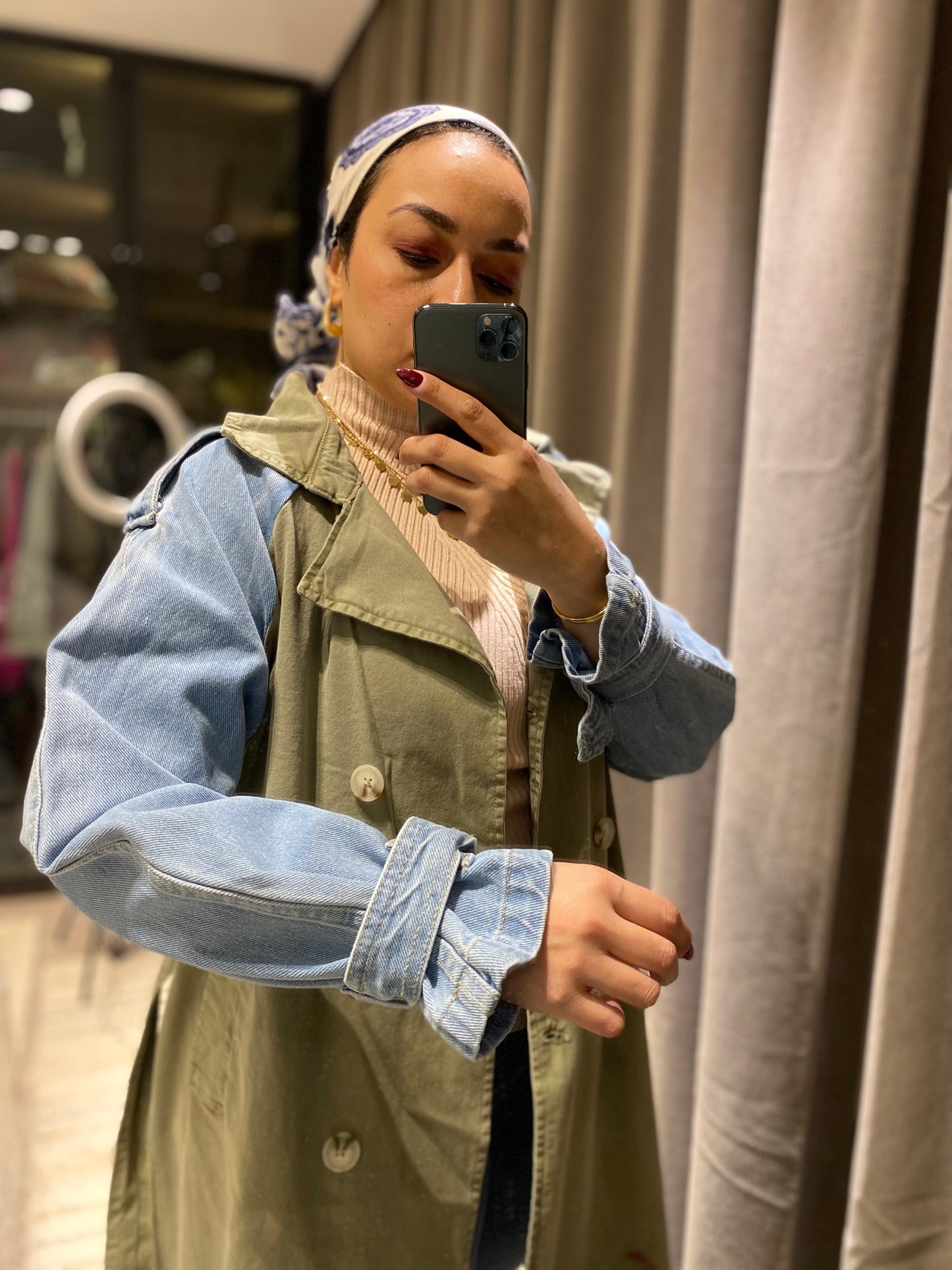 Denim Sleeve x Gabardine Trench Coat