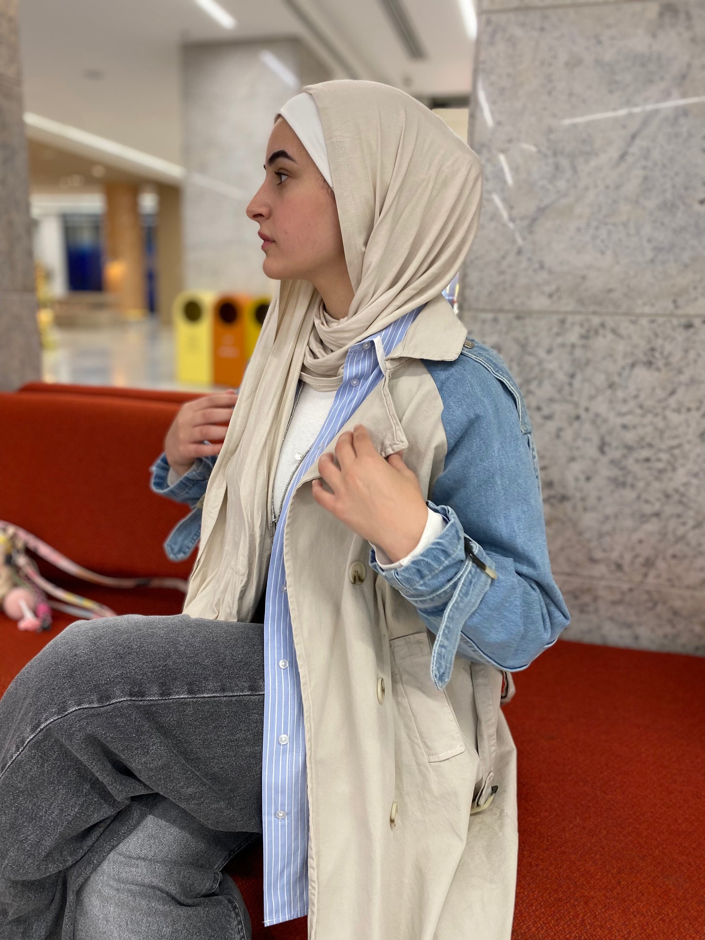 Denim Sleeve x Gabardine Trench Coat