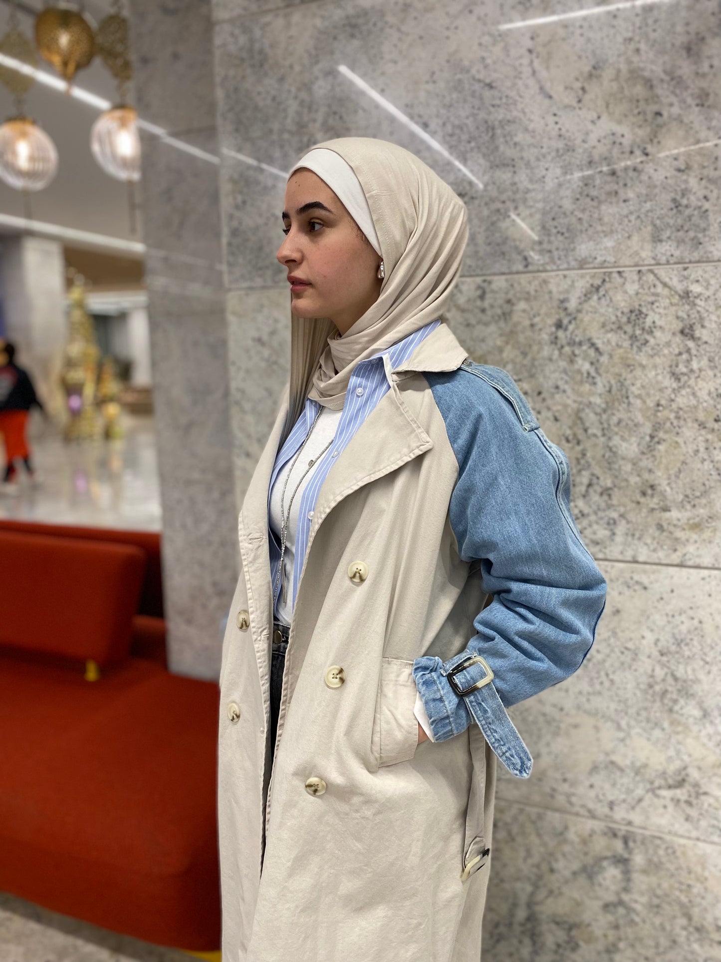Denim Sleeve x Gabardine Trench Coat