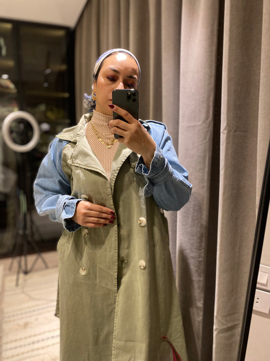Denim Sleeve x Gabardine Trench Coat